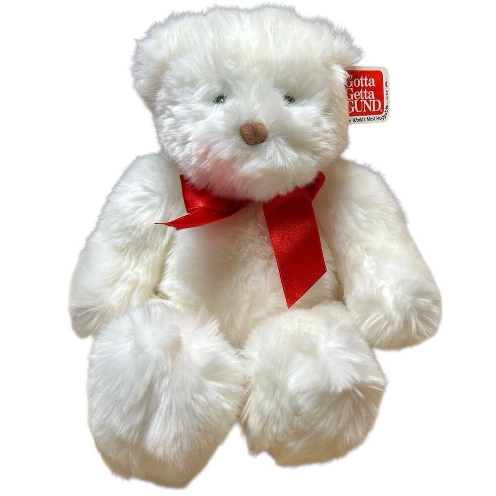 Gund Soft White Bear Red Bow 14” Length With Tags #43168